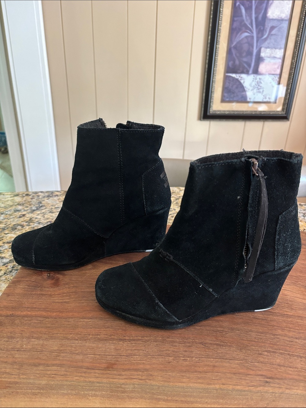 Toms Black Suede Wedge Ankle Booties